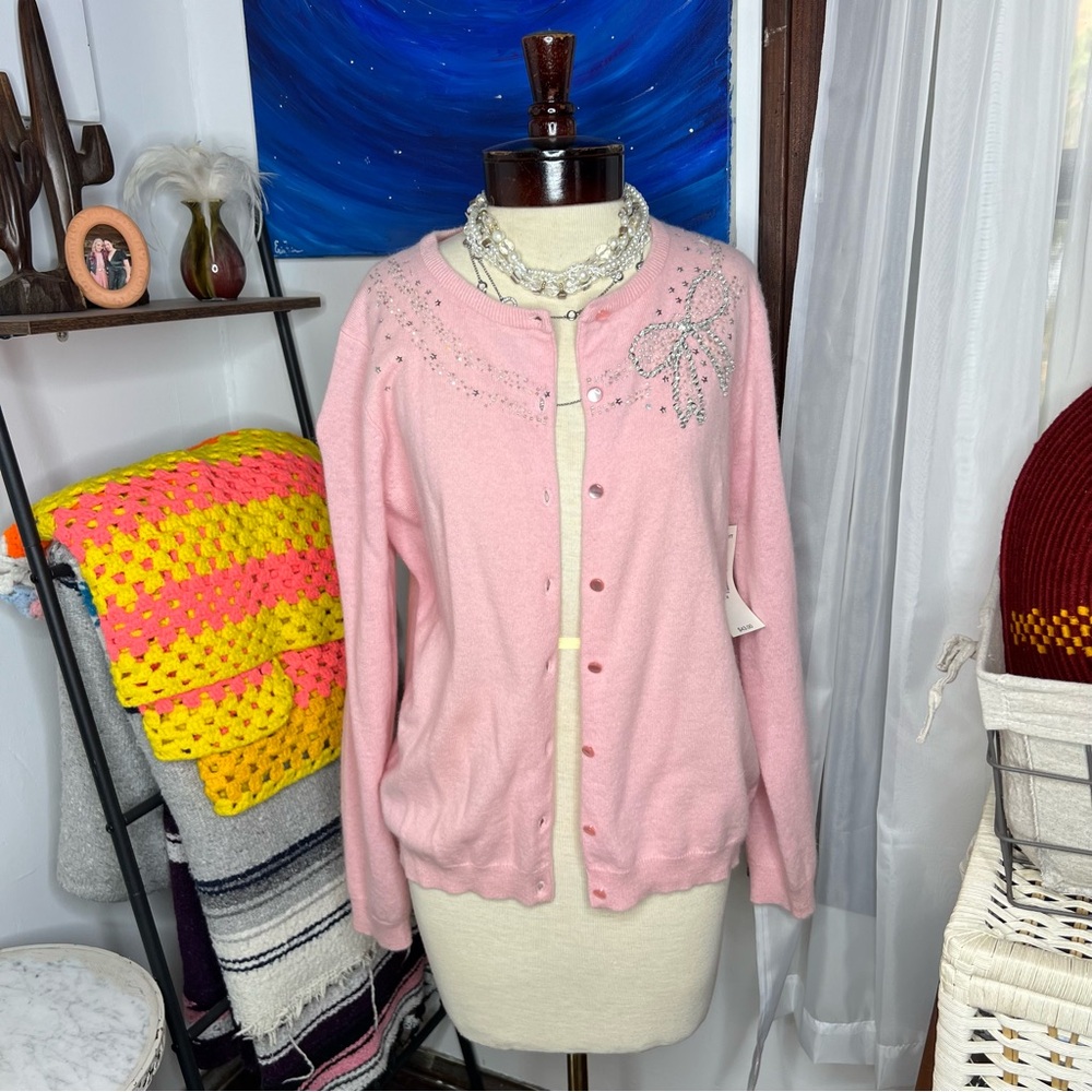 Vtg inspired Karen Scott lambs wool/angora rabbit blend pink sweater w/ sequins